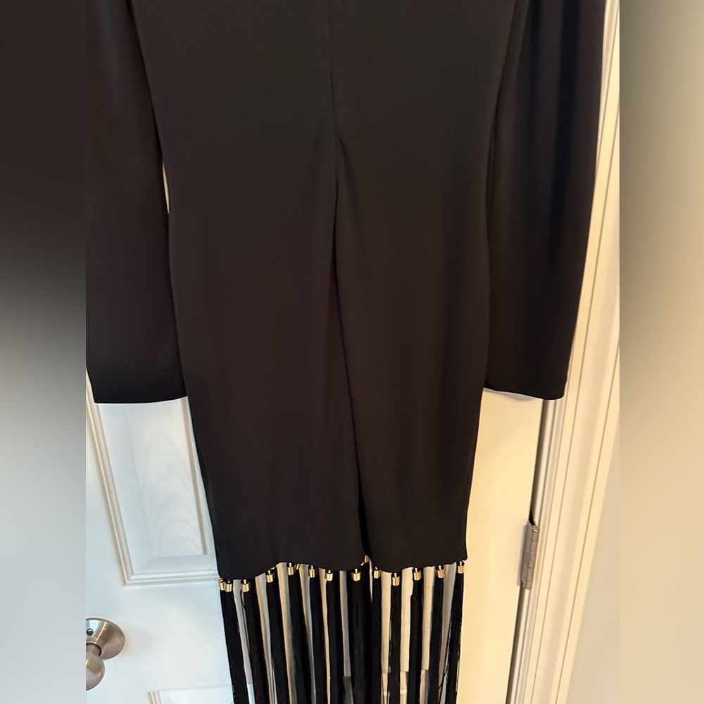 NWT - HELSI “Greta” Puff Sleeve Black Fringe Midi Dress with Gold Accents - Picture 13 of 15